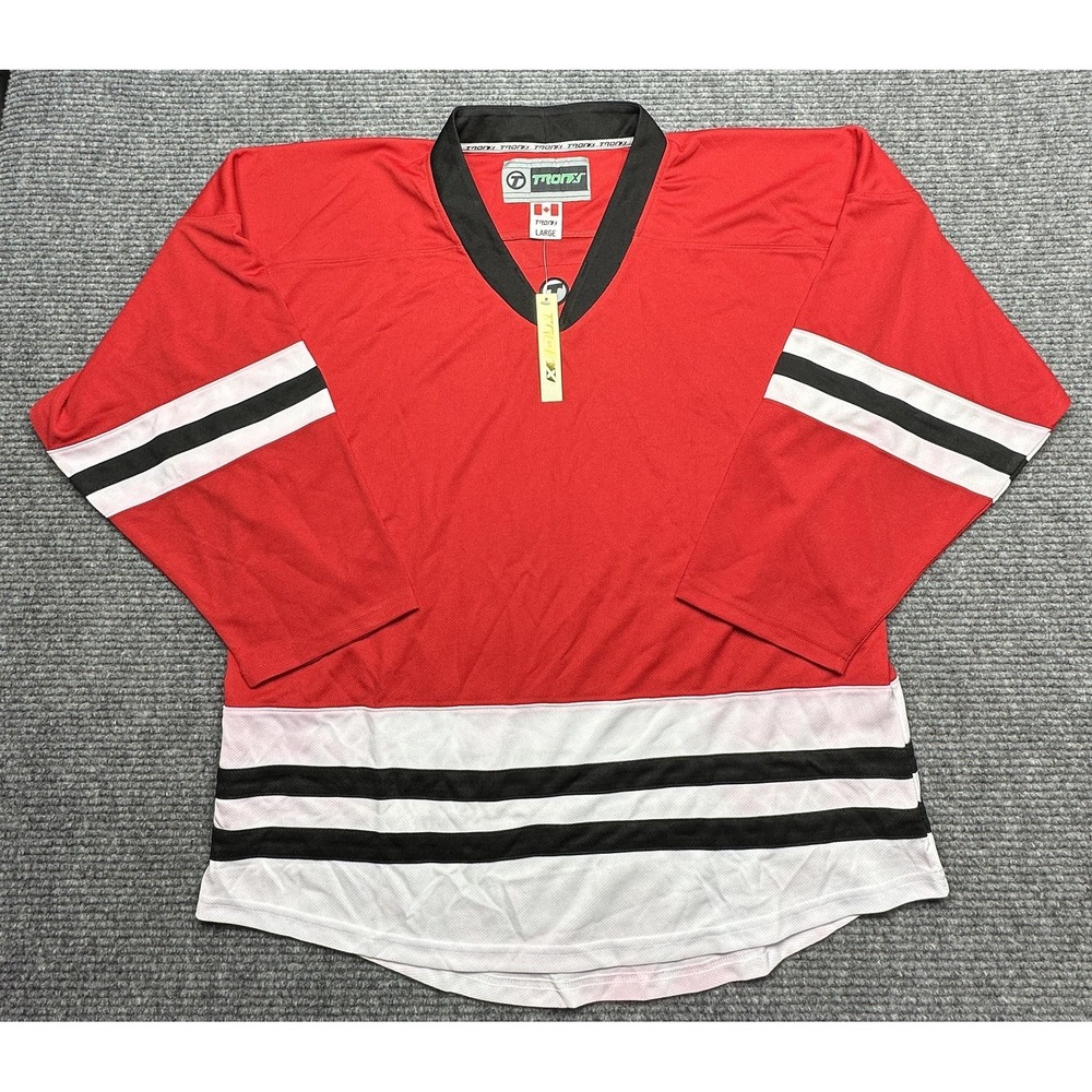 TRONX‎ Hockey Jersey Shirt Mens Large Red Black White Striped V Neck Breathable